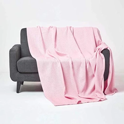 Image of HOMESCAPES 100% Organic Cotton Waffle Blanket Pink Super King Bed Size 280 x 230 cm Soft Combed Throw
