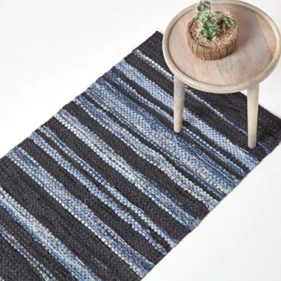 Image of HOMESCAPES Contemporary Style Hallway Runner ‘Texas’ Navy Blue &amp; Light Leather Recycled Cotton Rug, 66 x 200 cm