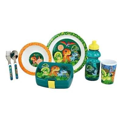 Image of Jurassic World Children&#039;s Dishwasher Set with Glass 220 ML, DEEP Plate Ø 16 CM, 22 Cutter H.13.5 350 ML Bottle and Taste Box, Green Brown Gray
