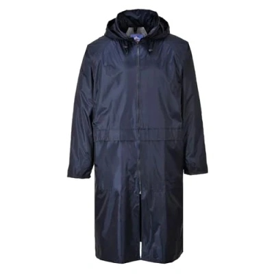 Image of Portwest S438 Men&#039;s Waterproof Raincoat Lightweight Long Rain Jacket with Hood and Pockets Navy, Small