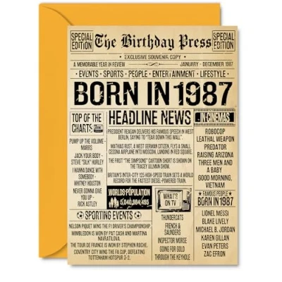 Image of 38th Birthday Card for Women Men Bday Press Newspaper 1987 Happy 38 Cards Friend Cousin Sister Neighbour Wife Daughter, A5 Greeting