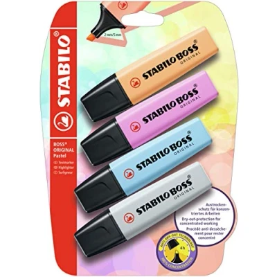 Image of Highlighter STABILO BOSS ORIGINAL Pastel Pack of 4 Breezy Blue, Pale Orange, Frozen Fuchsia, Dusty Grey
