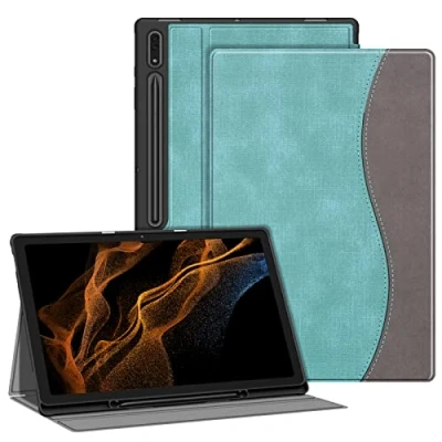 Image of FINTIE Case for Samsung Galaxy Tab S8 Ultra 14.6 inch 2022 (Model SM X900/X906) with S Pen Holder, Multi Angle Viewing Rugged Soft TPU Back Cover Auto Sleep/Wake, Denim Turquoise