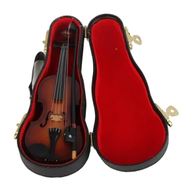 Image of Wooden Miniature Violin Mini Dollhouse Musical Instrument Model Decor with Bow, Stand Support and Black Case for Kids