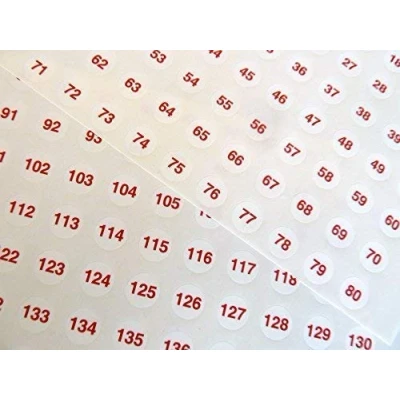 Image of Small Red on Clear 13mm (0.5 inch) Round Consecutive, Sequential Number Sequence Labels, Numbering Stickers, from 1 160