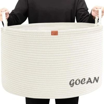 Image of GOCAN XXXL Large Laundry Basket Storage for Toys Cotton Rope D55 x H35 cm with Handles Blankets Toy Cushion Living Room, Cream