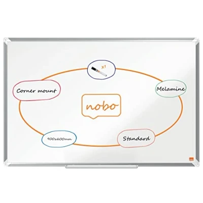 Image of Nobo Melamine Whiteboard, Non Magnetic, 900 x 600mm, Aluminium Trim, Corner Wall Mounting, Includes Whiteboard Pen, Premium Plus, 90 60cm, White, 1915167