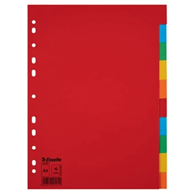 Image of Esselte A4 Card File Dividers, 10 Parts Coloured Folder Dividers for Ring Binders and Lever Arch Files, Made from Durable, Eco friendly Recycled Card, 100201