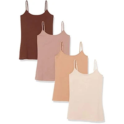 Image of Amazon Essentials Women&#039;s Slim Fit Camisole, Pack of 4, Blush/Brown/Dark Brown/Dark Camel, M