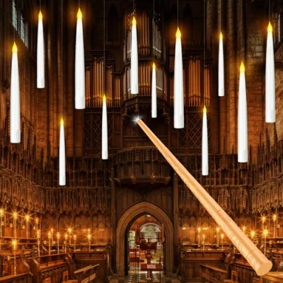 Image of Ushine Christmas Decorations,12pcs Floating Candles with Wand Remote, Flickering Flameless Magic Hanging Candle LED Taper Lights Battery Operated for Halloween Decor Indoor Outdoor Party