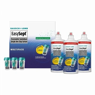 Image of EasySept Hydrogen Peroxide Multipack, 3x 360ml Contact Lens Solution Simple One Step System for Disinfection of Soft Lenses &amp; Case with Neutralising Disc, Suitable Sensitive Eyes