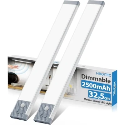 Image of 70 LED Under Cabinet Lights, Dimmable Motion Sensor Cupboard Light Wireless USB Rechargeable 2500mAh Night with Magnetic Strip for Stairs, Wardrobe, Hallway, Kitchen, Cool White Light, 32.5 cm