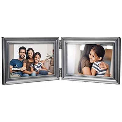 Image of Malden International Designs Concourse Pewter Metal Hinged Picture Frame, Double Horizontal, 2 4x6, Silver