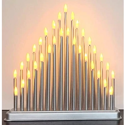 Image of 33 LED Plastic Pipe Tube Candle Tower Bridge Main Powered Warm White Lights Bulb Window Holiday Festive Indoor Christmas Modern Faux Xmas Decoration H36 x W32 D8cm (Silver Candle)