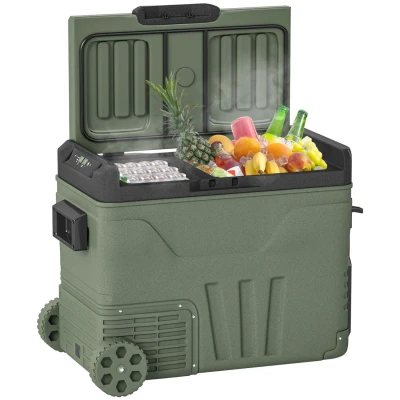 Image of Outsunny 45L Car Fridge Freezer Dual Zone, Portable Camping 12V/24V DC &amp; 100 240V AC, Electric Cool Box 20℃ with Wheels and LED Light, for Travel, RV, Road Trip, Picnic