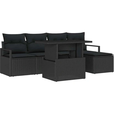 Image of vidaXL 6 Piece Garden Sofa Set with Cushions Black Poly Rattan