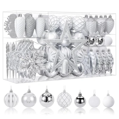 Image of SHareconn 106pcs christmas Baubles Ornaments Set,Shatterproof Plastic Decorative for tree decorations, Holiday Wedding Party Decoration with Hooks Included, White &amp; Silver