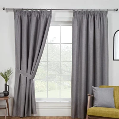Image of Sundour Eclipse Blackout Pencil Pleat Curtains Pewter Grey 66x54 Fully Lined Curtain Taped Top
