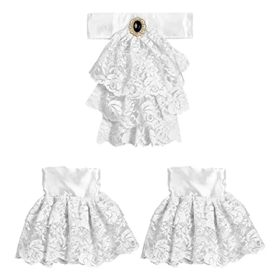 Image of WIDMANN Lace Jabot with Gem &amp; Cuffs, Ruffle Neck, perfect for pirate, vampire and victorian outfits. Halloween, World Book Day, Day of the Dead