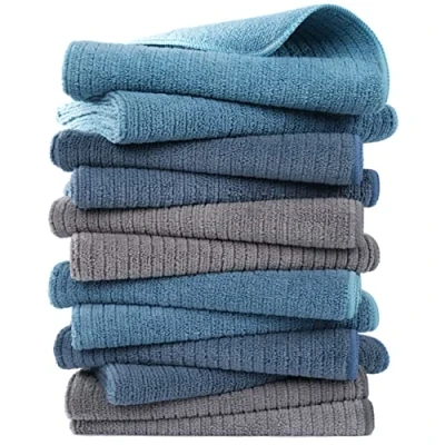 Image of POLYTE Premium Microfibre All purpose Ribbed Terry Kitchen Dish and Hand Towel (Blue, Gray, Teal, 40x71 cm) 12 Pack