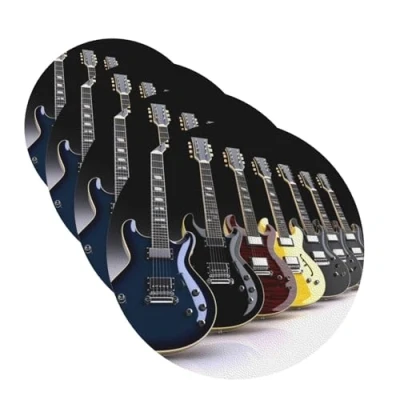 Image of electric guitar Coasters for Drinks Set of 4 Non slip Leather Coaster Heat Resistant Drink Tabletop Protection Absorbent Cup Mat Coffee Table Decor Round Shape