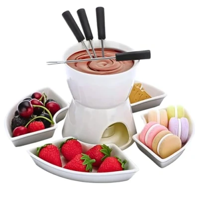 Image of HomeZone 10pc White Ceramic Chocolate Fondue Set with Stainless Steel Forks and 4 Half Moon Serving Dishes, Microwave Dishwasher Safe Cheese Tealight Candle for Birthday Mother&#039;s Day Gift