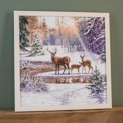 Image of Battery Operated 40cm x Light up Family of Deers Christmas Canvas with LEDs