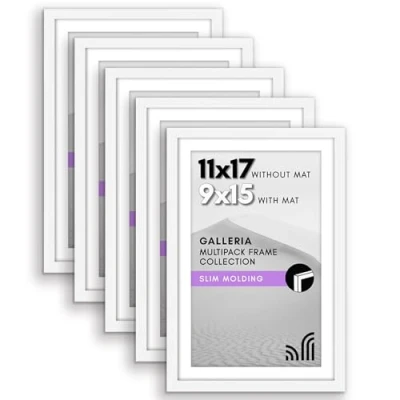 Image of Americanflat 11x17 Picture Frame with Polished Plexiglass Set of 5 Use as 9x15 Mat or Without Galleria Collection Gallery Wall for Display White