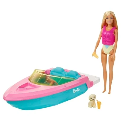 Image of Barbie Doll and Boat Playset with Pet Puppy, Life Vest Accessories, Fits 3 Dolls &amp; Floats in Water, Gift for to 7 Year Olds, GRG30