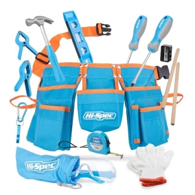 Image of Hi Spec 16pc Blue Kids Tool Kit Set &amp; Child Size Belt. Real Metal Hand Tools for DIY Building, Woodwork Construction Learning Kids. Gift Boys
