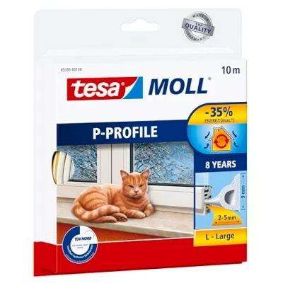 Image of tesamoll P Profile Self Adhesive Rubber Draught/Draft Excluder/Seal Strip for Doors and Windows 10 m x 9 mm White