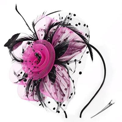 Image of DRESHOW Fascinators Hat Flower Mesh Ribbons Feathers on a Headband and Forked Clip Cocktail Tea Party Headwear for Girls Women