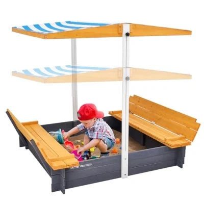 Image of VEVOR Wooden Sandbox with Canopy, 57.3 x 47.2 in Sand Box, Pit Foldable Bench Seats and Bottom Liner, Natural Wood Kids for Outdoor Backyard, Beach, Park, Gift Ages 3 12