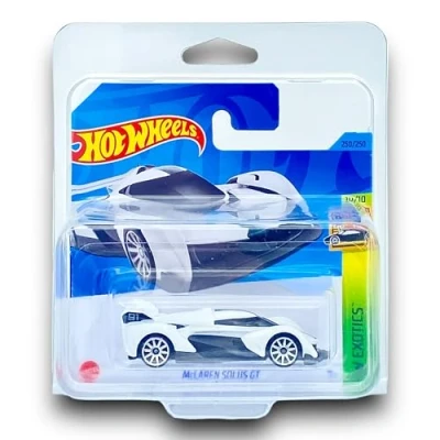 Image of Hot Wheels McLaren Solus GT (White &amp; Black) 10/10 HW Exotics 2023 250/250 (Short Card) COMES IN A KLAS CAR KEEPER SHORT CARD PROTECTOR CASE HKG70
