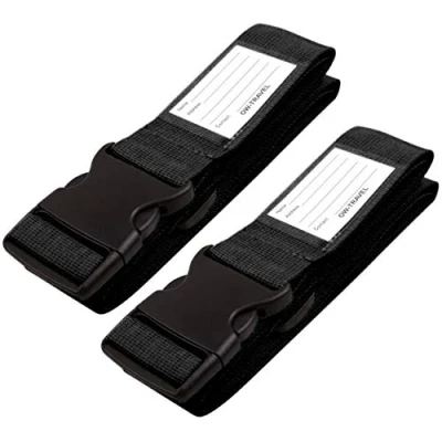 Image of OW Travel Personalised Black Luggage Straps for Suitcases (2 Pack) Easy to Spot Sturdy Suitcase with labels. Adjustable Strap Belt Suitcase. Bag Case Belts