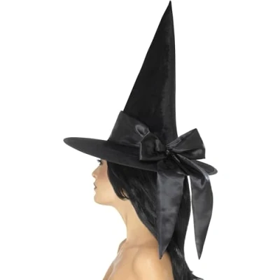 Image of Smiffys Deluxe Witch Hat, Black with Bow, Halloween Fancy Dress Accessory, Up Hats