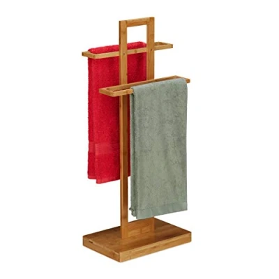 Image of Relaxdays Standing Towel Rail Bamboo 2 Arms 88 x 35.5 23.5 cm Natural