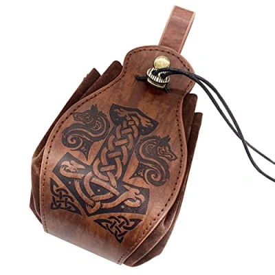 Image of HiiFeuer Medeival Faux Leather Pouch, Portable Drawstring Purse, Vintage Belt Pouch Dice Bag for LARP Ren Faire (Mjolnir Brown)