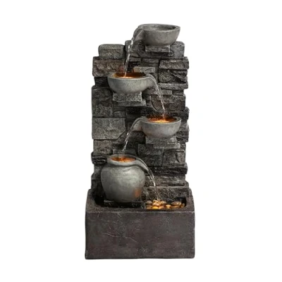 Image of Teamson Home 72.3 cm Outdoor 4 Tier Stacked Stone Cascading Water Fountain with LED Lights, Gray