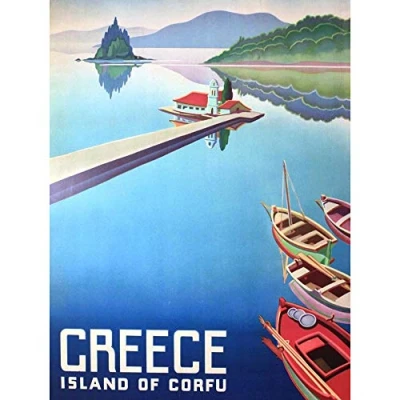 Image of Wee Blue Coo Travel Island Corfu Greece Boats Pier Art Print Poster Wall Decor 12X16 Inch