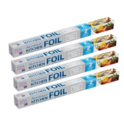 Image of HOMESHOPA Heavy Duty Kitchen Foil Roll, Pack of 4, Food Service Catering Aluminium Tin Roll for Roasting Turkey, Cooking, Wrapping, Baking, Grilling &amp; BBQ 2m x 45cm