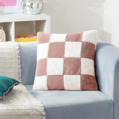 Image of Heya Home Cozee Check Faux Fur Feather Filled Cushion Pink Size 50 cm x