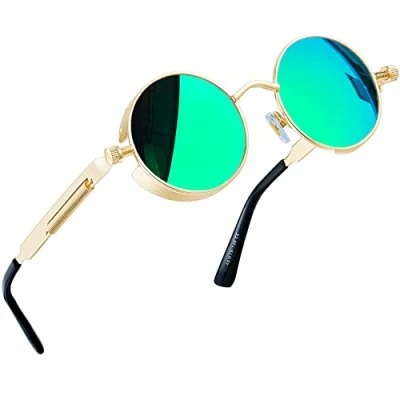 Image of Joopin Retro Polarised Steampunk Sunglasses Round Mirrored lens Metal Circle Vintage for Men and Women (Gold Frame Green Lens), One Size (E4056)