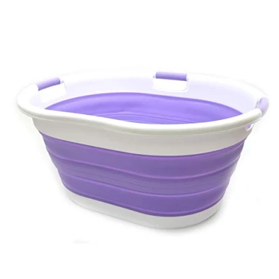 Image of SAMMART 57L Collapsible Plastic 3 Handled Laundry Basket Oval Tub/Basket Foldable Storage Container/Organizer Portable Washing Tub Space Saving Hamper (Lt. Purple, 1)