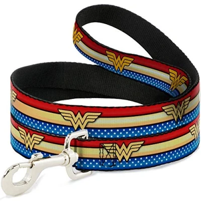 Image of Dog Leash Wonder Woman Logo Stripe Stars Red Gold Blue White 6 Feet Long 0.5 Inch Wide