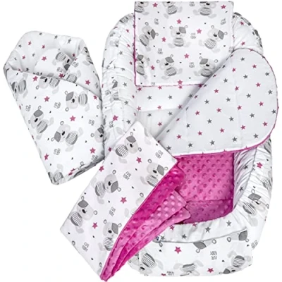 Image of 5pcs Set with Baby Nest 100x60x15cm Removable Insert Flat Cushion Blanket Babyhorn for Babies Newborns 100% Cotton Medi Partners (Teddy Dark Pink Plush)
