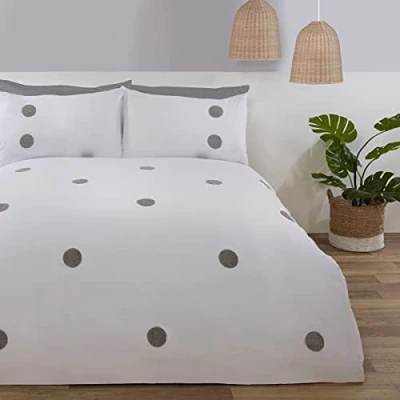 Image of Sleepdown Embroidered Tufted Polka Dot Circles White Silver Luxury Soft Cosy Easy Care Duvet Cover Quilt Bedding Set with Pillowcases King (230cm x 220cm), 5056242835998