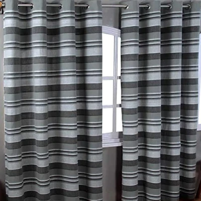 Image of HOMESCAPES Charcoal Grey Eyelet Curtain Pair 167cm (66&quot;) Wide x 182cm (72&quot;) Drop Morocco Stripe Design Ring Top