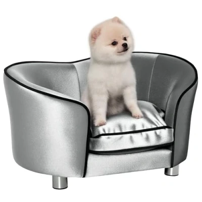 Image of PawHut Dog Sofa Bed for Miniature Dogs, Pet Chair Couch Kitten Lounge with Soft Washable Cushion, Thick Sponge, Wooden Frame, Storage Pocket, 69 x 49 38cm Silver Tone