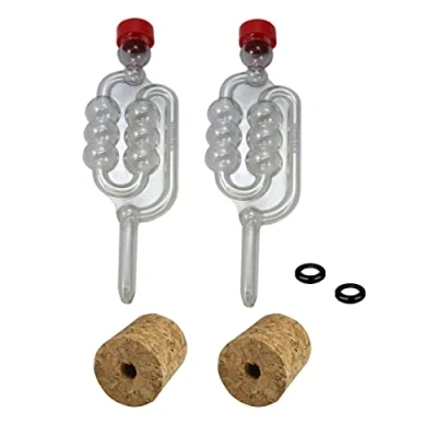 Image of Almost Off Grid 2 x Bubbler Airlocks, Bored Cork Bungs and Grommets for Glass Demijohns Buckets Making Wine, Beer, Cider Mead